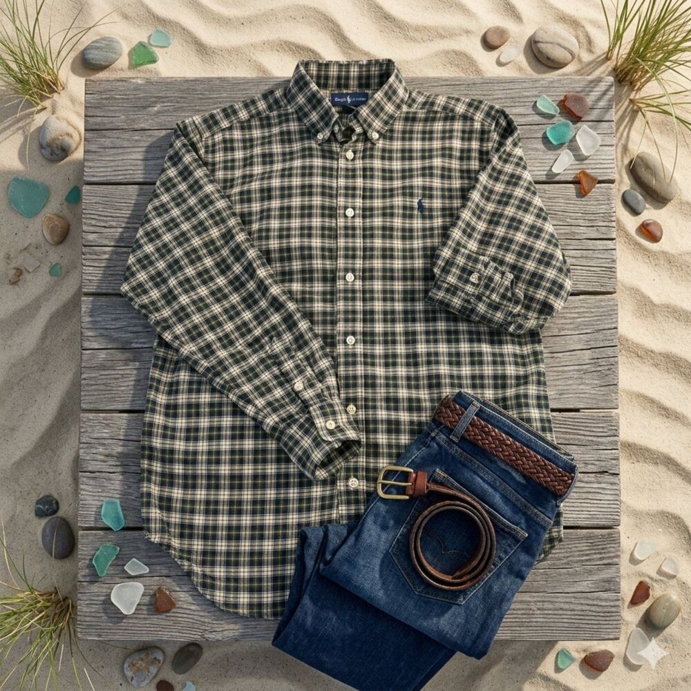 Ralph Lauren Boys L 14-16 Green Blue Plaid Oxford Shirt Pony Button Down